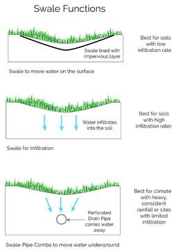 Moving Water in the Landscape: Swales and Subdrains Explained Swale Landscaping Ideas, Drainage Swales, Swale Drainage, Swale Garden, Property Illustration, Yard Grading, Landscape Drainage, Backyard Drainage, Rain Gardens