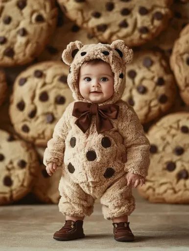 ↑↑↑ Larger size on website 🔸 A baby is wearing a fuzzy brown teddy bear costume with chocolate chip accents. The baby is standing Large Chocolate Chip Cookies, Teddy Bear Costume, Bear Costume, Brown Teddy Bear, Adorable Baby, Chip Cookies, Chocolate Chip Cookies, Chocolate Chip, Teddy Bear