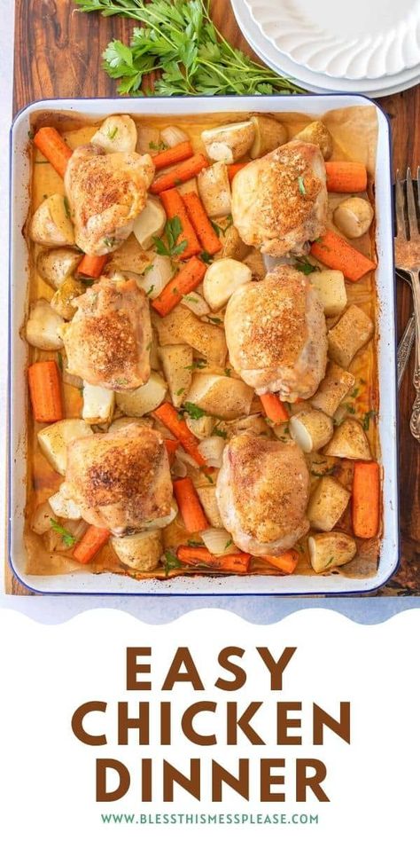 Pan Chicken Thigh Recipes, Easiest Baked Chicken, Baked Chicken With Vegetables, Chicken Thigh Casserole, Baked Chicken Dinner, Chicken Thighs In Oven, Chicken Thighs Dinner, Chicken Potato Bake, Sheet Pan Meals Chicken