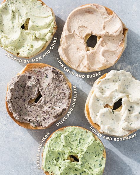 Cream Cheese Bagel Spread, Bagels Photography, Rosemary Cream Cheese, Bagel Photography, Bagel Spread Recipes, Bagel Packaging, Breakfast Bbq, Bagel Flavors, Bagel Ideas