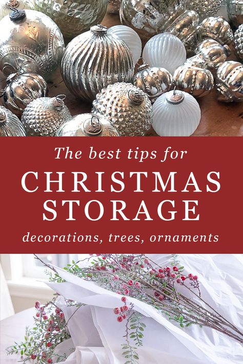 The best tips for how to store Christmas tree, ornaments, wreaths, and Christmas decorations. Organize your Christmas decorations the easy way and keep them beautiful from year to year. How To Store Christmas Garland, Christmas Ornament Storage Diy, Organized Christmas Decorations, Storing Ornaments, Tree Fillers, Ella Claire, Christmas Tree Bag, Christmas Decoration Storage, Christmas Tree Picks