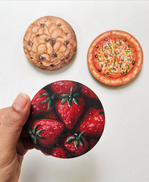 Comment your fav☺️🍕🍪🍓 Available for sale. Shop re-opnes in September! [fridge magnets, diy, food illustration, acrylic painting, artwork, artist, aesthetic] #aesthetic #painting #acrylicpainting #artistsoninstagram #artist #cookies #pizza #foodillustration #food Pizza Painting Acrylic, Artist Cookies, Pizza Painting, Fridge Magnets Diy, Magnets Diy, Pizza Aesthetic, Journal Therapy, Art Journal Therapy, Artist Aesthetic