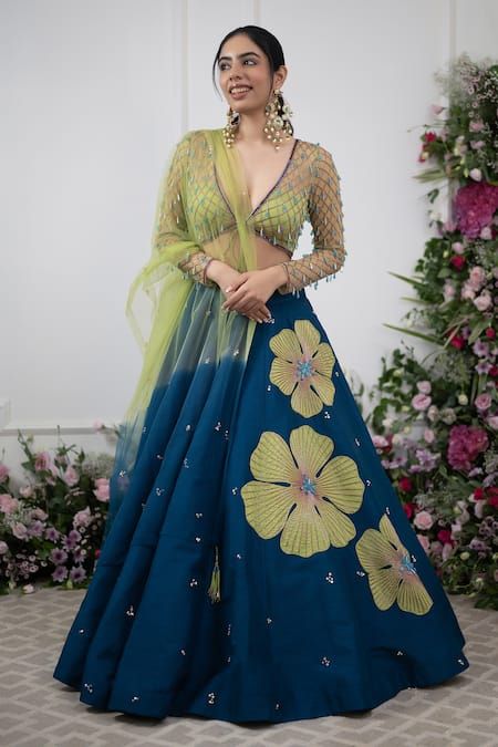 Buy Green Blouse And Dupatta: Net Applique Floral V Raw Silk Lehenga Set For Women by KIRAN KALSI Online at Aza Fashions. Full Sleeves Lehnga Design, Choli Sleeves Designs, Marriage Outfits For Women, Wedding Lengha Bridal Lehenga, Net Lehenga Designs, Haldi Dress Ideas, Lengha Design, Haldi Wear, Choli Design