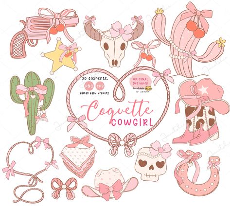 Cowboy And Cowgirl Couple Drawing, Cowgirl Sublimation Designs, Western Coquette Aesthetic, Coquette Cowgirl Aesthetic, Cowgirl Coquette, Pink Cowgirl Aesthetic, Cowgirl Illustration, Girly Cowgirl, Girly Clipart