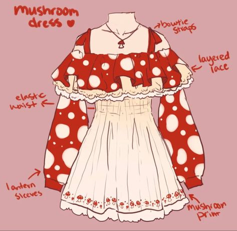 Mushroom Outfit, Lukisan Fesyen, Fair Outfits, Clothing Design Sketches, Idee Cosplay, Drawing Anime Clothes, Dress Design Sketches, Couture Mode, Whimsical Fashion