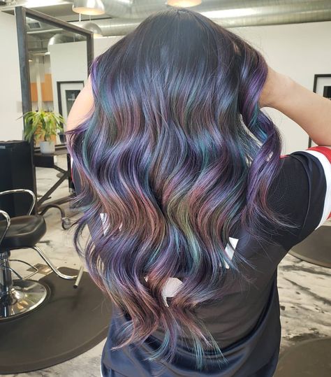 Fun Color Balayage Hair, Oil Slick Hair Color, Oil Slick Hair, Slick Hair, Purple Balayage, Hair Tint, Oil Slick, Balayage Highlights, Cool Hair Color