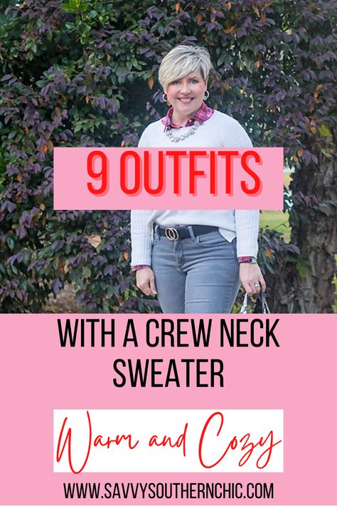 9 crew neck sweater outfits for women over 40. A crew neck sweater can be a winter wardrobe staple. Learn how to style this winter must have 9 ways. Lots of outfit inspo for winter. See these chic winter outfits with a crew neck sweater. Round Neck Sweater Outfit, Crewneck Outfit Dressy, Women’s Crew Neck Sweatshirts, Crew Neck Sweater Outfits, Styling Crew Neck Sweater, Crewneck Sweater Outfits Women, Style Crew Neck Sweater, Jeans And Sweaters Outfit, How To Wear A Crew Neck Sweater