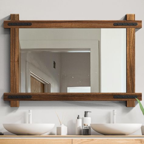 Corner Vanity Mirror, Wood Bathroom Mirror, Natural Wood Bathroom Vanity, Wood Mirror Bathroom, Rustic Bathroom Mirrors, Farmhouse Bathroom Mirrors, Corner Vanity, Rustic Farmhouse Bathroom, Rustic Wall Mirrors