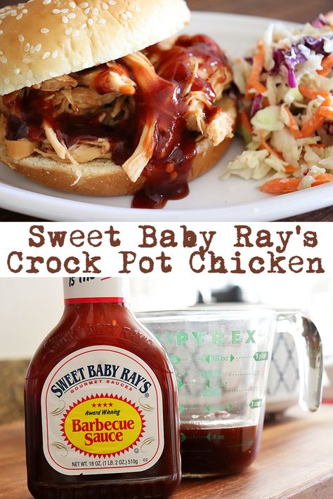 Sweet Baby Ray's Crock Pot Chicken - CookNovel.com Sweet Baby Ray Bbq Chicken Crockpot, Bbq Pulled Chicken Crockpot Sweet Baby Rays, Baby Rays Crock Pot Chicken, Crock Pot Pulled Chicken Bbq, Sweet Baby Rays Bbq Chicken, Sweet Baby Rays Recipes, Pulled Chicken Crock Pot Recipes, Crock Pot Bbq Chicken, Sweet Baby Rays Crockpot Chicken