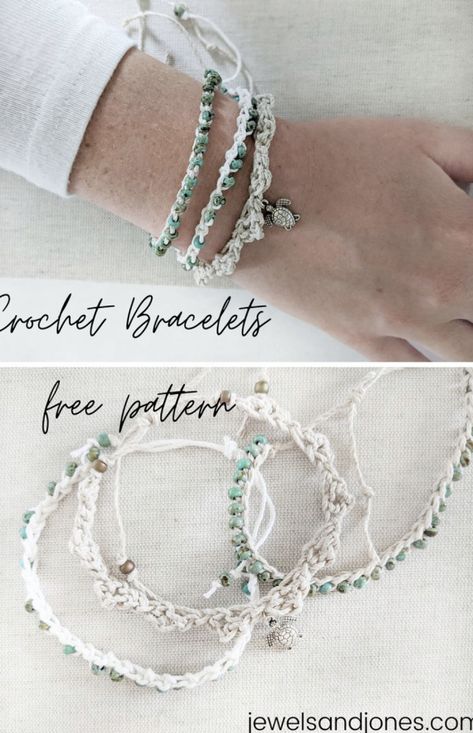 Crochet Beaded Bracelets – Free Crochet Pattern Crochet Boho Bracelet, Beaded Crochet Jewelry, Seed Bead Crochet Patterns Free, Crochet Friendship Bracelets, Crochet Bracelet Tutorial, Crochet With Beads, Yarn Jewelry, Bracelets With Beads, Crochet Bracelets