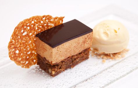 Hazelnut, caramel and sesame mousse cake with malt ice cream Star Desserts, Malt Ice Cream, British Cakes, Mousse Cake Recipe, Plated Dessert, Dinner Party Desserts, Great British Chefs, Hazelnut Cake, Dessert Party