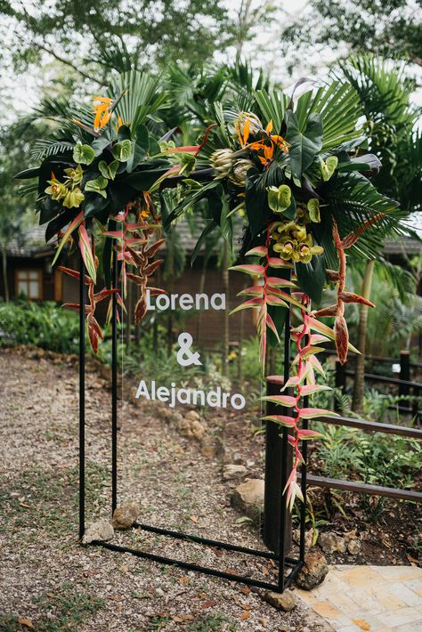 Tropical Flower Installation, Tropical Floral Installation, Tropical Flower Arrangements Wedding, Tropical Arch, Lucid Motors, Tropical Flower Arrangements, Paradise Wedding, Floral Arch Wedding, Wedding Mirror