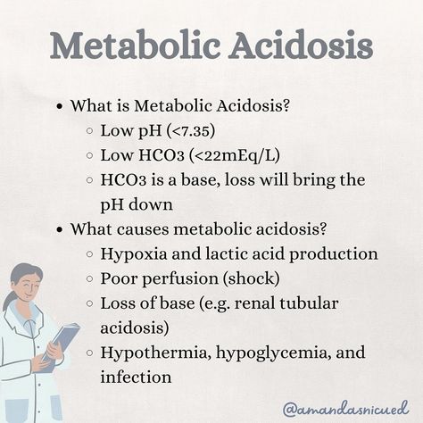 We may often see Metabolic Acidosis as well! Metabolic acidosis occurs when there is a build up of acid (like lactic acid when anaerobic metabolism is present) or when there is a loss of base. 💧 When treating metabolic acidosis we want to identify and treat the cause 🧐 One common cause of metabolic acidosis in the preemie population is Renal Tubular Acidosis (RTA) causing an increased loss in base. We can replace the base by using acetate in our IV fluids. Other causes of metabolic acidosi... Metabolic Acidosis, Medical Study, Iv Fluids, Family Nurse Practitioner, Study Essentials, Respiratory Therapy, Future Doctor, Medical Studies, Cute Friend Photos