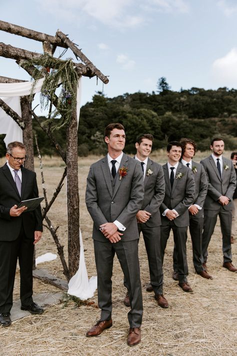 Medium Gray Suits Groomsmen, Groom And Groomsman Suit, Groomsman Charcoal Suit, Charcoal Suits Wedding, Men Grey Tuxedo Wedding, Grey Groom Suit Fall Wedding, Groom Different Suit Than Groomsmen, Slate Gray Groomsmen Suits, Dark Tweed Wedding Suit