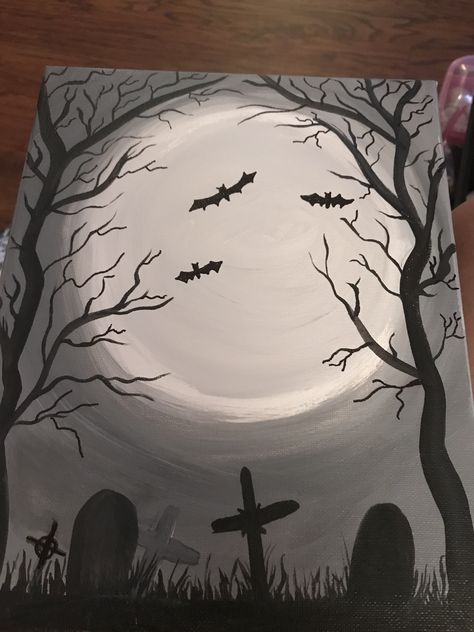 Paint Idea For Beginners, Things To Paint On Canvas Acrylics, Spooky Paintings Easy Step By Step, Big Canvas Painting Ideas Halloween, Cemetery Painting Easy, Spookify Paintings, Bat Canvas Painting, Diy Halloween Canvas Art, Halloween Painting Easy Canvas