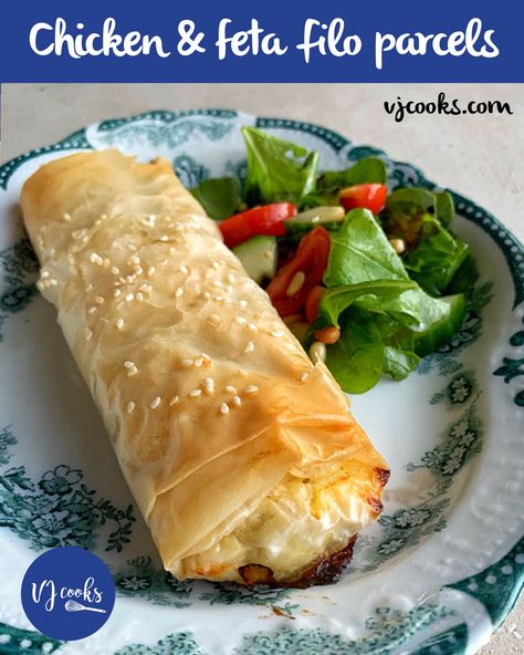 Chicken, spinach and feta filo parcels Chicken In Phyllo Pastry, Chicken Filo Pastry Recipes, Chicken Phylo Pastry Recipes, Filo Pastry Recipes Savoury Chicken, Filo Pastry Parcels, Chicken Feta Spinach Phyllo, Phylo Pastry Recipes Dinners, Chicken Filo Pie, Chicken Phyllo Recipes