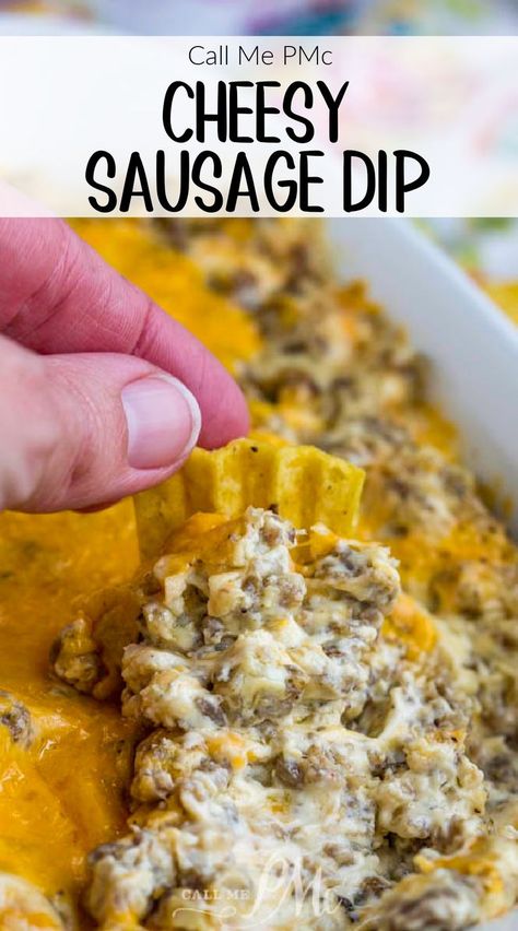 Cheesy Sausage Dip by Call Me PMc Cheesy Sausage Dip, Sausage Dip Recipe, Cheddar Cheese Dip, Sausage Cheese Dip, Cheddar Dip, Best Dip Recipes, Baked Dips, Pork Breakfast Sausage, Sausage Dip