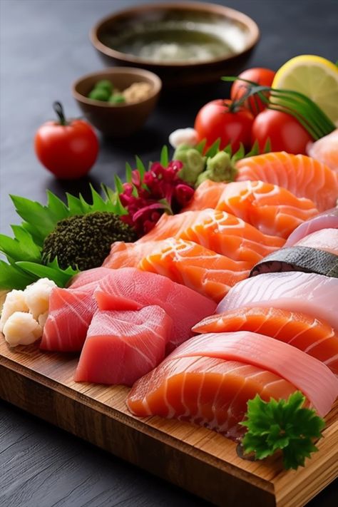 A popular Japanese dish consisting of an assortment of raw fish slices. It is a culinary delight that showcases the freshness and natural flavors of the fish. Sashimi is typically made with high-quality, sushi-grade fish such as salmon, tuna, yellowtail, snapper, or octopus. Sushi Salmon Bake, Salmon Bake Recipe, Perfect Sushi Rice, Salmon Bake, Sashimi Platter, Sushi Platter, Raw Fish, Sustainable Seafood, Foreign Food