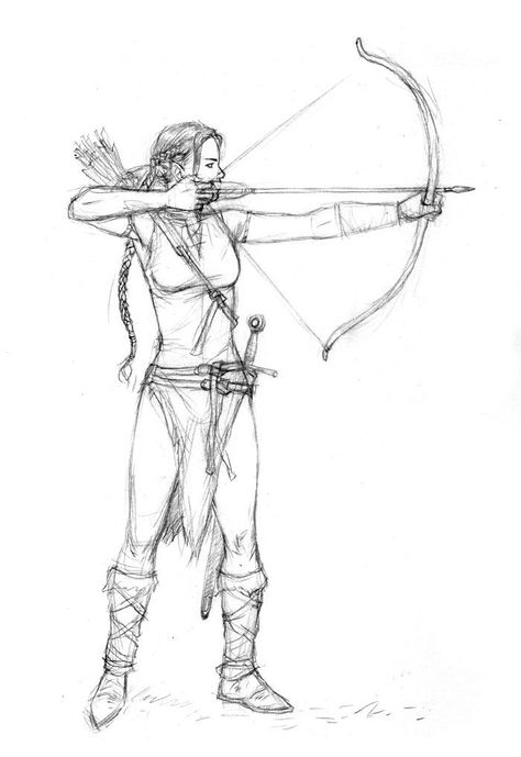 Bow Sketch, Drawing Of A Person, Archer Pose, Elf Drawing, Archery Poses, Skitse Bog, Elf Drawings, Bow Drawing, Bow And Arrow