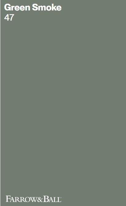 Farrow & Ball Green Smoke No 47 paint color swatch. #farrowandballgreensmoke #greenpaintcolors Card Room Green Farrow And Ball Hallway, Pitch Black Farrow And Ball, Duck Green Farrow And Ball, Smoky Green Paint, Farrow And Ball Green Paint, Green Paint Swatches, Green Bedroom Inspirations, Farrow Ball Green, Farrow And Ball Green