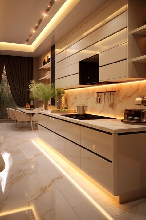 Transform your kitchen into a realm of luxury with cream marble and stylish neon lights, embodying a high-end and classy aesthetic Luxury Cream Kitchen, Kitchen Beige And White, White Beige Kitchen Modern, Beige Colour Kitchen, Cream And Gold Kitchen, Light Beige Kitchen, Beige And White Kitchen, Champagne Kitchen, Kitchen Ideas Luxury