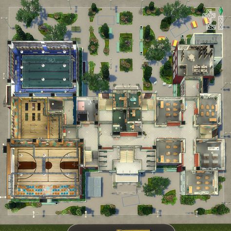 Copperdale High School. Plot size: 64x64. Includes CC. Download link in biо. 🍒My ID in the game: TapeiGuanas #thesims4 #ts4 #ts4cc #ts4mm #ts4lots #ts4interiors #ts4build #sims4 #sims4interior #sims4build #sims4lot #ts4school Sims 4 School Building Layout, Sims 4 High School Building Layout, Sims 4 School Layout, Sims 4 Art Center, High School Floor Plans Layout, Copperdale High School Sims 4, Sims 4 School Building, Highschool Build, Sims 4 High School Building