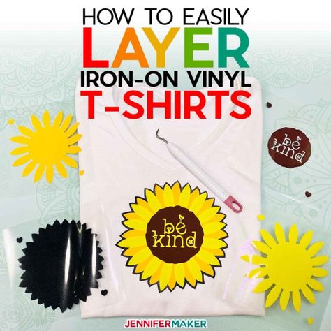 How to Layer Iron-On Vinyl Shirts the Easy Way - Full Tutorial with Beginner-Friendly Free Design | #cricut #shirt #vinyl Iron On Cricut, Cricut Iron On Vinyl, Htv Shirts, Jennifer Maker, Cricut Htv, Cricut Explore Projects, Layered Vinyl, Cricut Projects Beginner, Work Diy