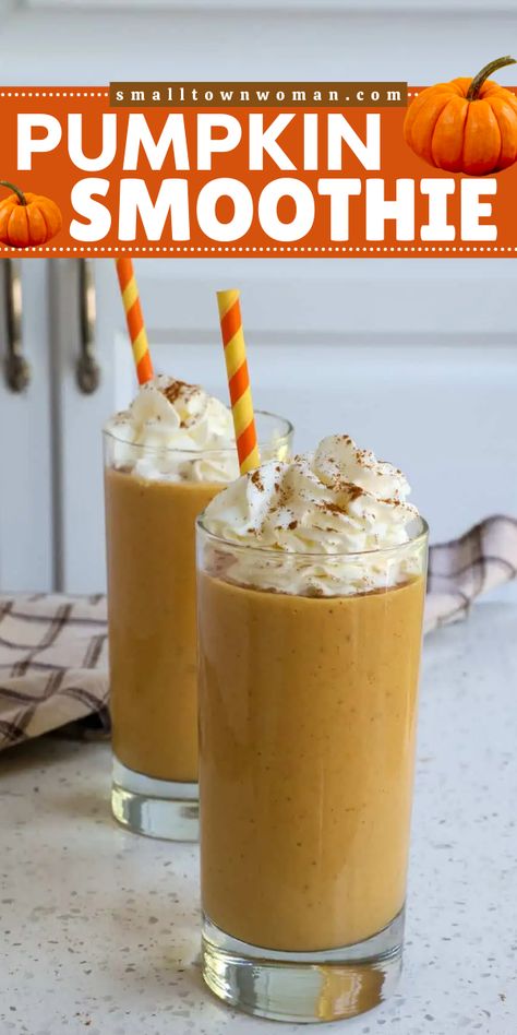 Looking for a refreshing easy fall drink? This Pumpkin Smoothie recipe features fresh flavors of pumpkin, banana, cinnamon, nutmeg, pumpkin spices, and vanilla. Make this pumpkin idea with a perfect balance of pumpkin pie spices and sweetness! Pumpkin Shake Recipe, Pumpkin Shake, Pumpkin Smoothie Recipe, Pumpkin Idea, Best Pumpkin Recipes, Small Town Woman, Pumpkin Spices, Easy Fall Recipes, Pumpkin Smoothie