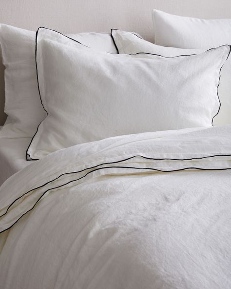 Quince | European Linen Double Embroidered Edge Duvet Cover Set in White with Black Embroidery, Size King/Cal King #zicxa-photos #zicxa #images #background #wallpaper #freepik #shutterstock #VN White Duvet With Black Trim, Chic Duvet Cover, White With Black Bedroom Ideas, White Bedding With Black Trim, Luxe Bedroom Classy, Black And White Bedding Ideas, White Duvet Bedding Ideas, White And Black Bedding, White Bedding Ideas