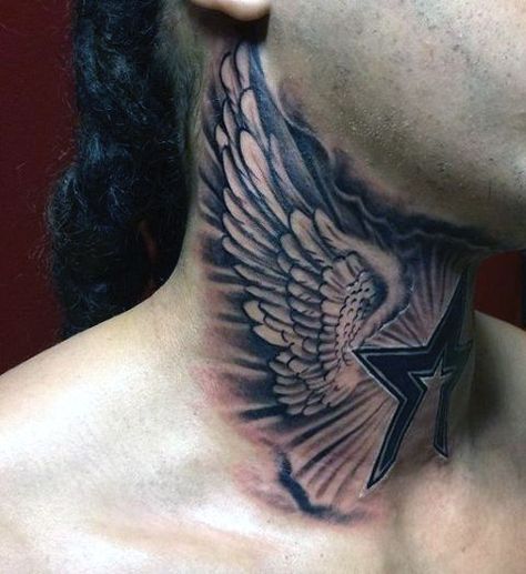 Mens Wing Tattoo On Upper Neck Neck Tattoo With Wings, Wing Throat Tattoo, Throat Sleeve Tattoo, Wings On Throat Tattoo, Wings Throat Tattoo, Mens Wing Tattoo, Wing Tattoo Neck, Wings Neck Tattoo Men, Angel Wings Neck Tattoo