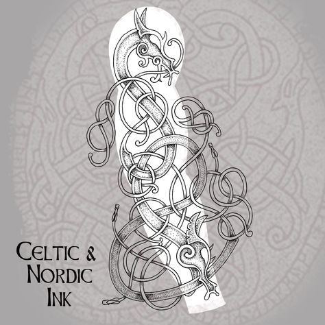 Celtic Norse Tattoo, Celtic Style Tattoo, Urnes Style Tattoo, Traditional Viking Tattoo Design, Celtic Tattoos Sleeve, Celtic Female Warrior, Female Warrior Tattoo Sleeve, Norse Dragon Tattoo, Scandinavian Tattoo For Women