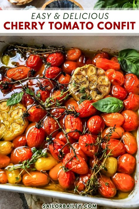 Savor the rich flavors of slow-cooked cherry tomato confit in extra virgin olive oil, fresh herbs, and aromatics. This recipe perfectly preserves the sweet, luscious flavor of fresh summer tomatoes so that you’ll have delicious tomatoes for months. It's great for a delicious dip, healthy snack, or crowd-pleasing appetizer! Serve it with flatbread, toast, or pasta! Cherry Tomato Appetizers, Cherry Tomato Confit, Tomato Side Dishes, Tomato Appetizers, Dip Healthy, Tomato Confit, Confit Recipes, Cherry Tomato Recipes, Fresh Tomato Recipes