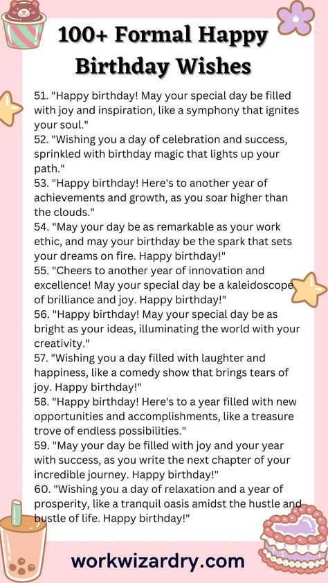 105 Formal birthday wishes for colleagues, boss, employees, managers, clients 5 Birthday Messages For Colleagues, Colleagues Birthday Wishes, Birthday Wish For Teacher Message, Happy Birthday To A Coworker, Birthday Wishes For Success, Employee Birthday Wishes, Wishes For Teachers Birthday, School Birthday Celebration Ideas, Happy Birthday Wishes Coworker