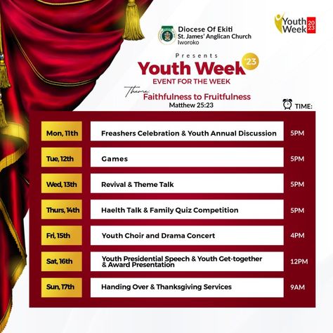 Program Banner Design, Schedule Flyer Design, Youth Program Flyer Design, Youth Week Flyer Design, Program Outline Design, Reunion Design, Event Poster Design Inspiration, Events Flyer, Freshers Week