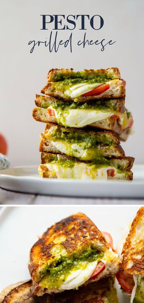 This pesto grilled cheese is packed with plenty of flavorful pesto, juicy tomato slices, and three kinds of cheese. Grilled Cheese With Pesto, Grilled Cheese Tomato Soup Appetizer, Basil Pesto Grilled Cheese, Dinner Ideas Pesto, Bruschetta With Pesto, What Can I Make With Pesto, Food With Pesto Recipes, Things To Do With Pesto, Pesto Dishes Healthy