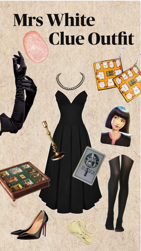 An outfit inspired by Mrs White from the Clue Board Game. A classy and elegant look paired with earrings to show off your love for the game. Perfect for anyone playing Clue on board game night! Clue Mrs White Costume, Clue Themed Birthday Party Outfits, Clue Game Costumes, Mrs White Clue Costume Ideas, Clue Inspired Outfits, Ms White Clue Costume, Mrs White Clue Costume, Cluedo Costume, Clue Character Costumes