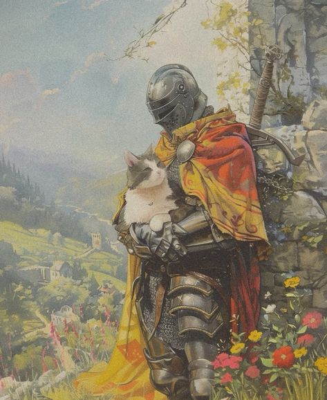 Cat Cute Art, Grey And White Cat, Dark Fantasy Artwork, Knight Art, Cat Cute, Art Appreciation, Medieval Art, Medieval Fantasy, Fantasy Artwork