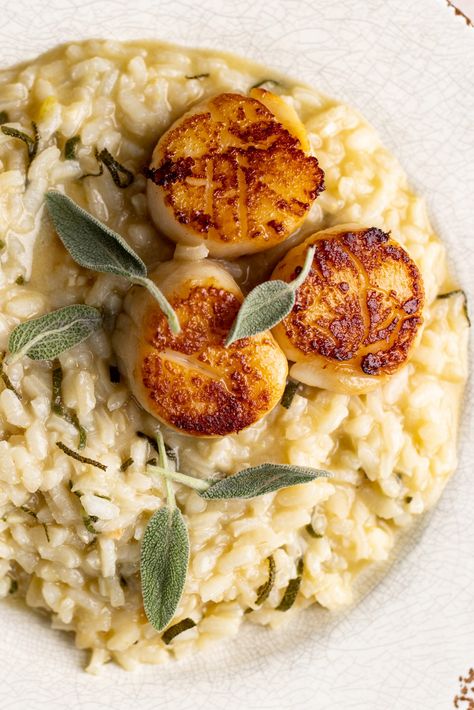 Brown Butter Couscous, Brown Butter Sage Risotto, Sage Risotto Recipes, Brown Butter Risotto, Savory Risotto Recipes, Light Risotto Recipes, Fancy Risotto Recipes, Brown Butter Sage Scallops, Salmon And Risotto Dinners