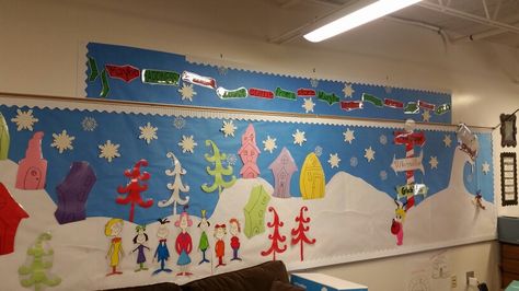 Classroom Bulletin Board - Whoville Whoville Decorations, School Hallway Decorations, Whoville Christmas Decorations, Christmas Hallway, Door Decorations Classroom Christmas, Christmas Door Decorating Contest, Christmas Classroom Door, Grinch Decorations, Classroom Bulletin Board