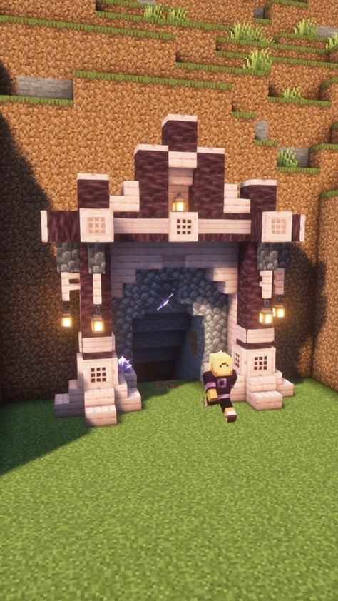 RoYeZ | Minecraft Mine Entrance Design🌸 #minecraft #minecraftbuilds #minecraftbuilding #minecraftideas | Instagram Interior Walls Minecraft, Minecraft Open House Ideas, Minecraft Mine Shaft Entrance Ideas, Cute Minecraft Mine Entrance, Cute Minecraft Portal Ideas, Minecraft Wall Gate, Minecraft Dwarven Entrance, Minecraft Roundabout, Grand Entrance Minecraft