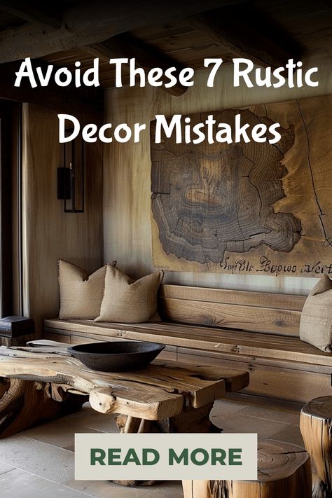 Discover the top 7 common mistakes to avoid when decorating with a rustic theme. Learn how to create a cozy and chic space by steering clear of these design faux pas. Elevate your rustic decor game and achieve that perfect balance of warmth and style. Your home will thank you for it! Rustic Forest Home Decor, Cabin Wall Ideas Rustic, Rustic Den Ideas, Rustic Hunting Cabin Interior, How To Decorate A Cabin, Rustic European Decor, Mountain Farmhouse Decor, Modern Rustic Mountain Home Interiors, Rustic Shelf Decor Living Room