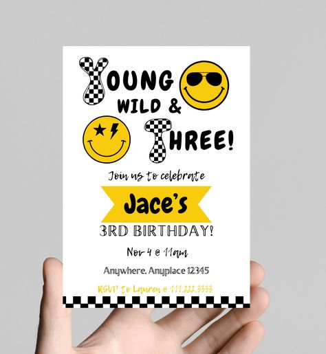 Young, wild, and THREE boy 3rd birthday party invitation, black and white, smiley face, sunglasses, edit and printable, digital Five Is A Vibe Invitation, 5th Boys Birthday Party Ideas, Smiley Birthday Invitation, 5th Birthday Party Themes Boys, Boys 5th Birthday Party Ideas Themes, Five Birthday Party Ideas Boy, Fifth Birthday Theme Boy, Five Year Old Birthday Theme Boy, Boys 5th Birthday Theme