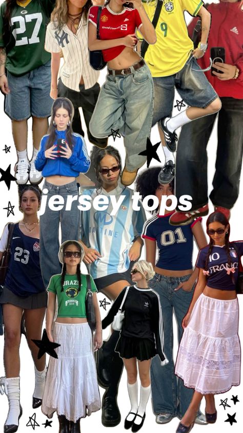 fit inspo for sporty girl looks ft. jersey tops Fashion Inspo School, Girly Sporty Aesthetic, Sport Vintage Outfit, Button Up Jersey Outfits Women, Trendy Jersey Outfit, Celtics Jersey Outfit Women, Jersey Tee Outfit, Striped Jersey Outfit, Aesthetic Jersey Outfit