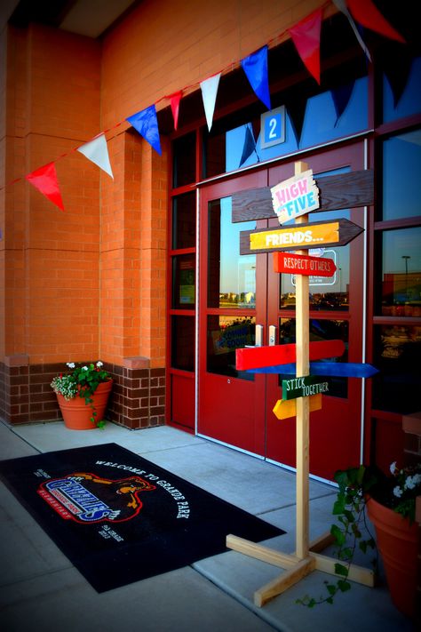 Main Entrance of school.   #GrandePark #boosterthon #CampHighFive School Hall, School Improvement, Main Entrance Door, School Entrance, School Culture, School Doors, School Climate, School Murals, School Interior