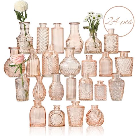 PRICES MAY VARY. 🌴 Premium 24-Piece Vase Set - Crafted from thick, durable glass, the Timeless Bud Flower Vase Set ensures durability and resistance to breakage. The vintage colors and intricate patterns create a stunning and attractive visual impact. Each exquisite glass vase needs the gentle touch of handwashing (not dishwasher-safe). 🌱 Elevate Special Events - Explore creative potential with these glass bud vases. Showcase a beautiful flower arrangement in a small vase or a tall vase. Our v Table Settins For Wedding, Small Flowers In Vases On Circle Tables Wedding, White Florals In Gold Compote Vase Centerpiece, Boho Wedding Table With Blush Gauze, Mr Mrs Table Wedding Rustic, Bridal Shower Table Setting Tablecloth, Champagne Table Display Baby Shower, Wrap Around Vase, Eucalyptus Arrangement Vase Party