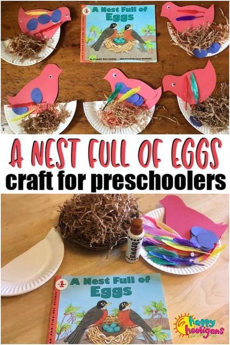 "A Nest Full of Eggs" Craft for Preschoolers - This easy bird craft is great for toddlers and preschoolers how are learning about birds, eggs, nests and bird families. There are suggestions for books to read to your children before doing this craft as well. #HappyHooligans #Crafts #Easy #Toddlers #Preschoolers #Preschool #Daycare #Activities #Birds #Nests #PaperCrafts Making Bird Nests Preschool, Life Cycle Of A Bird Preschool, Nest Activities Preschool, Egg Theme Preschool, Bird Life Cycle Craft, Bird Life Cycle Preschool, Bird Activities For Toddlers, Bird Activities Preschool, Bird Theme Preschool