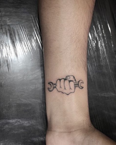 Small Mechanic Tattoo Ideas, Wrench Tattoo Mechanic, 221b Tattoo, Car Mechanic Tattoo, Tool Tattoo Mechanic, Easy Tattoos For Women, Wrench Tattoo, Piston Tattoo, Detailed Tattoos