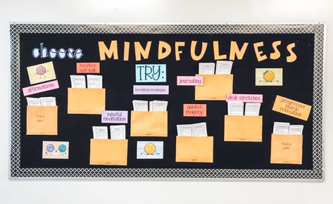 How to Use a Mindfulness Bulletin Board in Your School - Counselor Clique School Counseling Bulletin Boards High School, School Psych Bulletin Boards, Destress Bulletin Board Ideas, School Social Worker Bulletin Board, Office Bulletin Board Ideas Business, Self Care Bulletin Board, Mindfulness Bulletin Board, Bulletin Board Ideas For Work Offices, School Counselor Bulletin Boards