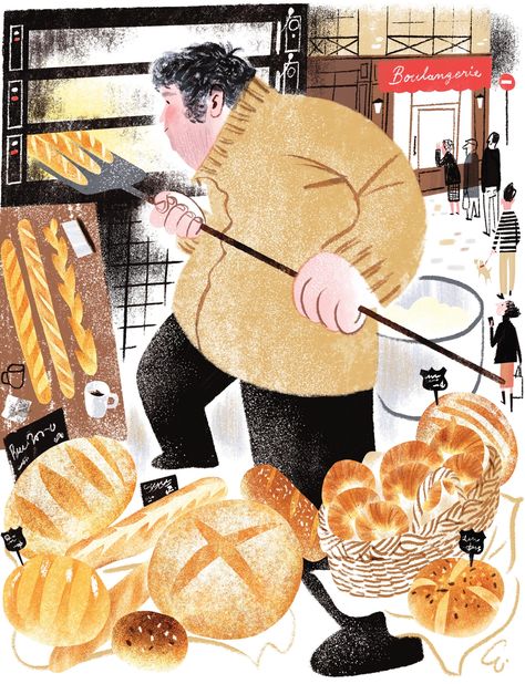 Baking Bread in Lyon | The New Yorker 심플한 그림, Bread Shop, Bread Art, Shop Illustration, Book Illustration Art, Baking Bread, The New Yorker, Childrens Illustrations, Food Illustrations