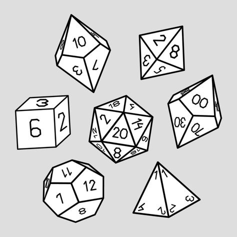 Vector set of dice for fantasy board games dnd rpg D20 Line Art, D&d Dice Drawing, Dnd Drawing Ideas, Dnd Dice Drawing, Dnd Dice Art, Dice Outline, Dnd Icon, Dnd Doodles, Dragonborn Wizard